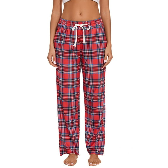 miqiqism Womens Pajama Pants Plaid Stretch Comfy Lounge Pant Drawstring Sleep Bottoms with Pockets Loose Straight Leg Pants Waist Elastic Trousers Pj Pant,Red,Large