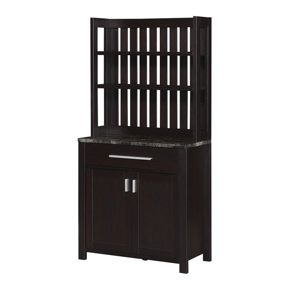 Pemberly Row Wine Bar with Cabinet in Black Faux Marble and Espresso Wood Finish