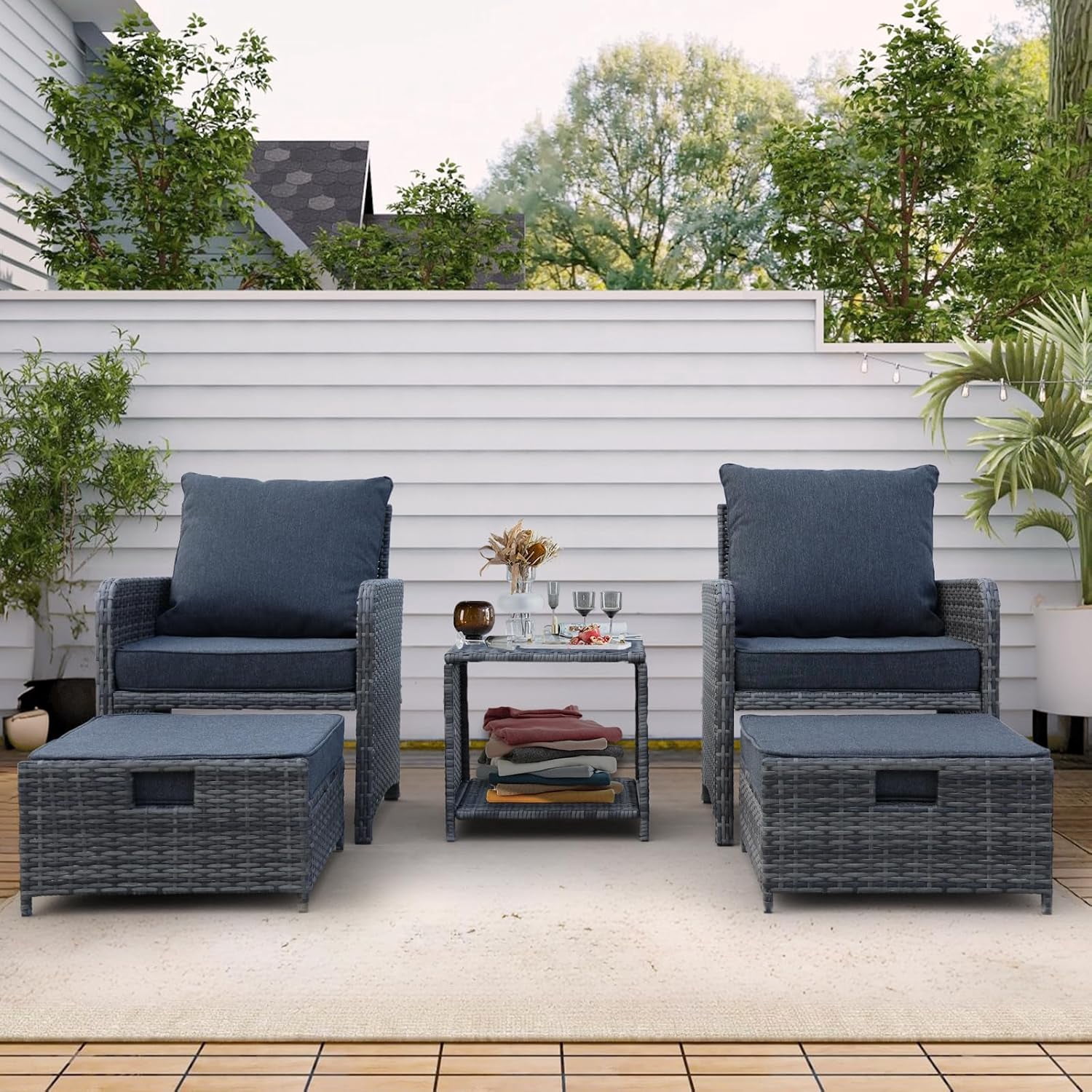 AENKYO Patio Furniture Set Rattan Patio Chair Set with Ottoman, Pillows Included, Perfect for Balcony, Small Space, Porch, 5 Pieces