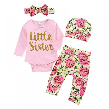 

Clearance Newway Baby Girl Clothing Newborn Kids Baby Girls Outfits Clothes Romper Bodysuit+Rose Print Pants+Headband+Hat Set(pink)