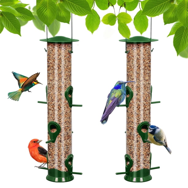 2 Paquetes de Comederos Colgantes para Pájaros Tubo Verde, Comederos para Aves Silvestres de 6 Puertos, Plástico Duro Premium con Colgador de Acero, Resistente al Clima y al Agua, Grande de 46.2 cm