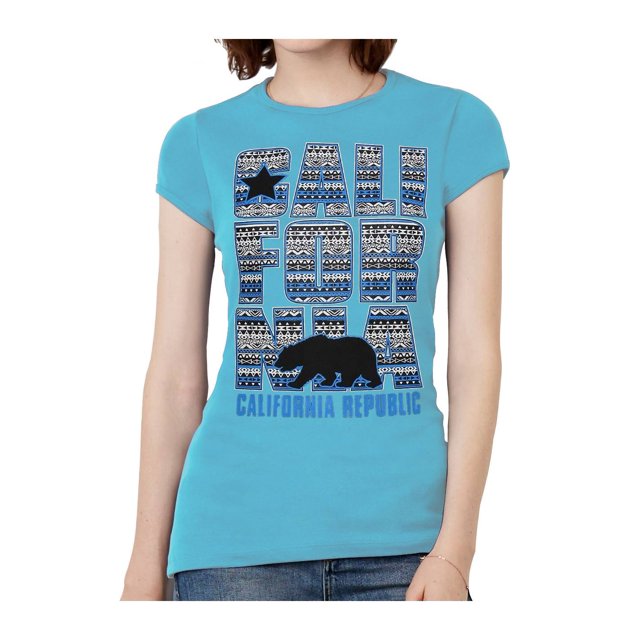 Womens California Republic Blue Tribal Pattern Black T-Shirt - Turquoise - Large