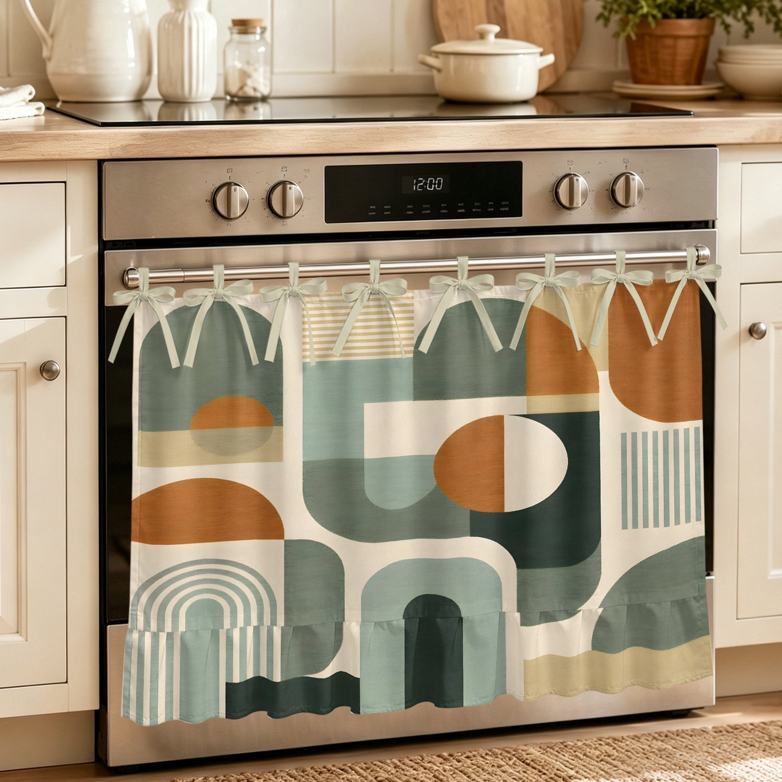 Oven Curtain for Kitchen Sage Green Color Block Arch Stripe Stove Curtain With Ruffled Trim Dishwasher Curtains Retro Boho Style Oven Skirt 27 x20