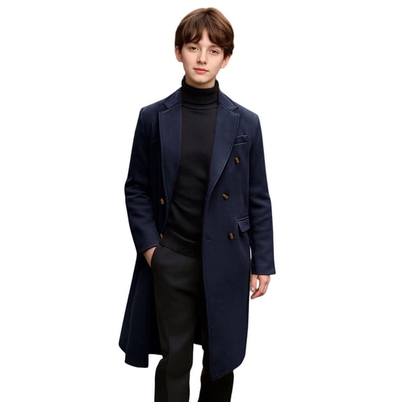 Agkizg Boys Long Wools Coat with Collar Button Down Thick Winter Overcoat Solid Color Casual Outerwear