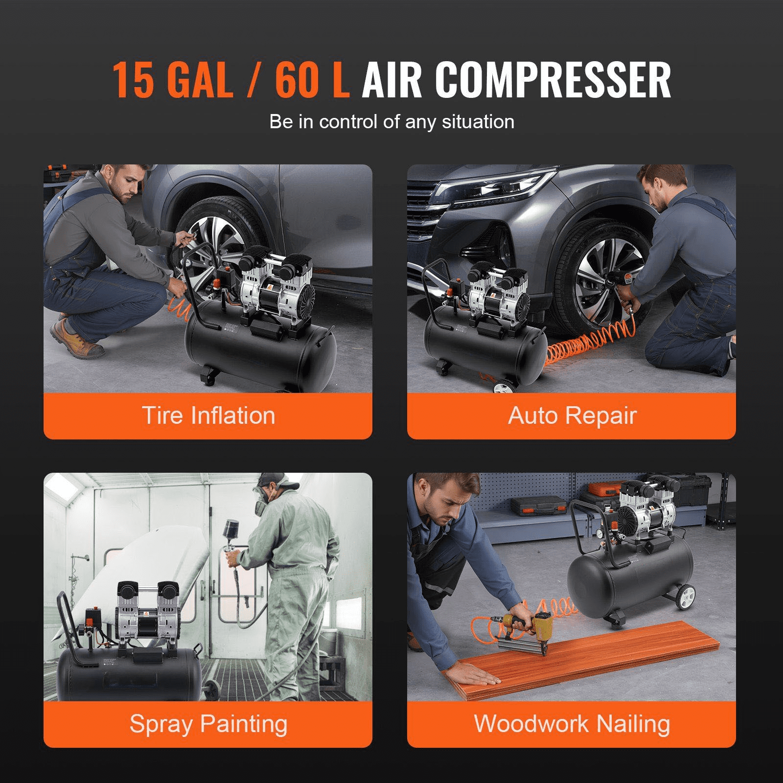 Air Compressor, 15 Gallon 90 PSI Oil-Free Portable Compressor, 2HP Horizontal Air Compressor for Nailing, Painting, Tire Inflation, Auto Repair