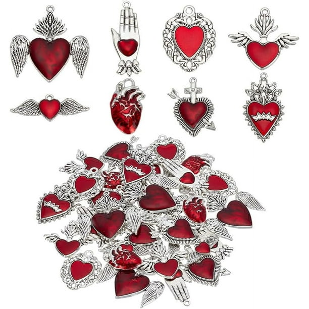 Dijes de corazón a granel, dijes de corazón sagrado, dijes colgantes de corazón con forma de ala de amor para San Valentín, pulseras, pendientes, collares, fabricación de joyas.