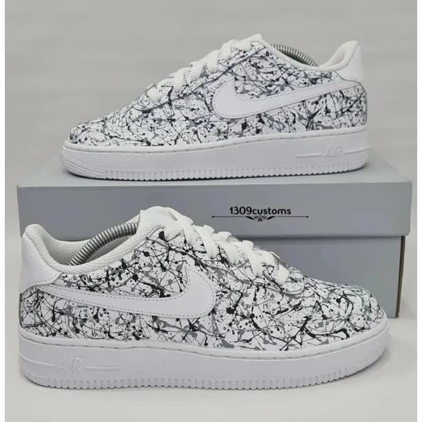 Air Force 1 Custom White Shoes Black & Gray Edgy Monochrome Splatter Mens Womens