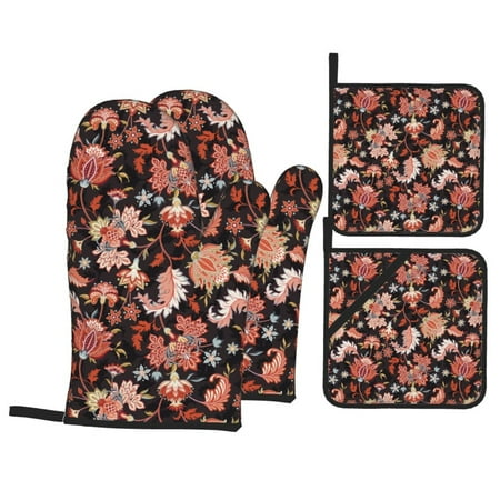 

Oven Mitts and Pot Holders Sets 4 pcs - beautiful flowers Heat Resistant Silicone Oven Gloves with Non-Slip Silicone Surface and hot pads for kitchen Baking Cooking BBQ