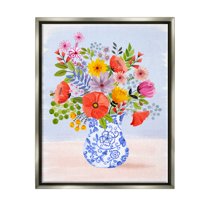 Stupell Industries Bright Flowers in Pottery Botanical & Floral Painting Gray Floater Framed Canvas Art Print Wall Art, 17 x 21