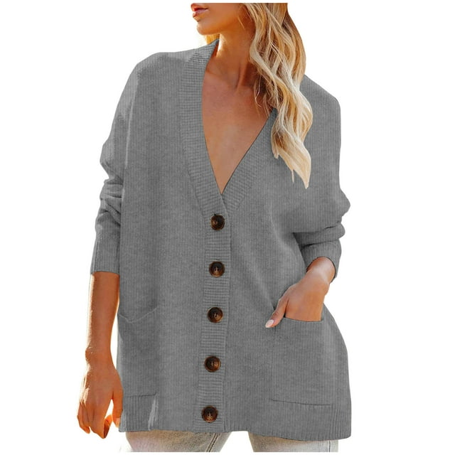 IROINID Women's Short Cardigan Jacket V-Neck Solid Color Long Sleeve Casual Autumn Button Long Sweater Cardigan, Gray