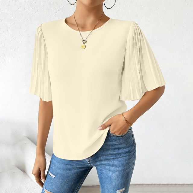 TaTaai 2026 Spring Summer Solid Color Chiffon Top for Women Round Neck Back Button Pleated Flared Sleeve Five-Quarter Sleeve Casual Blouse Soft Comfy Vacation Gift