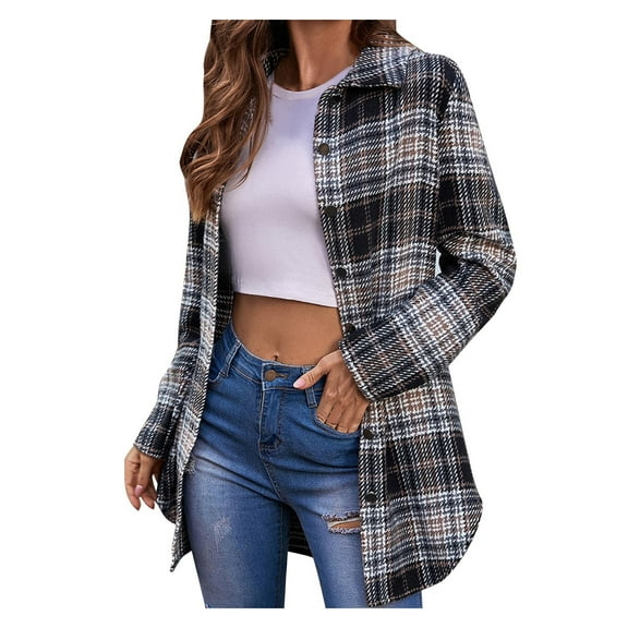 HBYJLZYG Coats Cardigan Trench Coat Shirt Jacket Tops, Womens New Style Plaid Shirt Loose Long Sleeve Casual Button Hatless Casual Jacket Coat