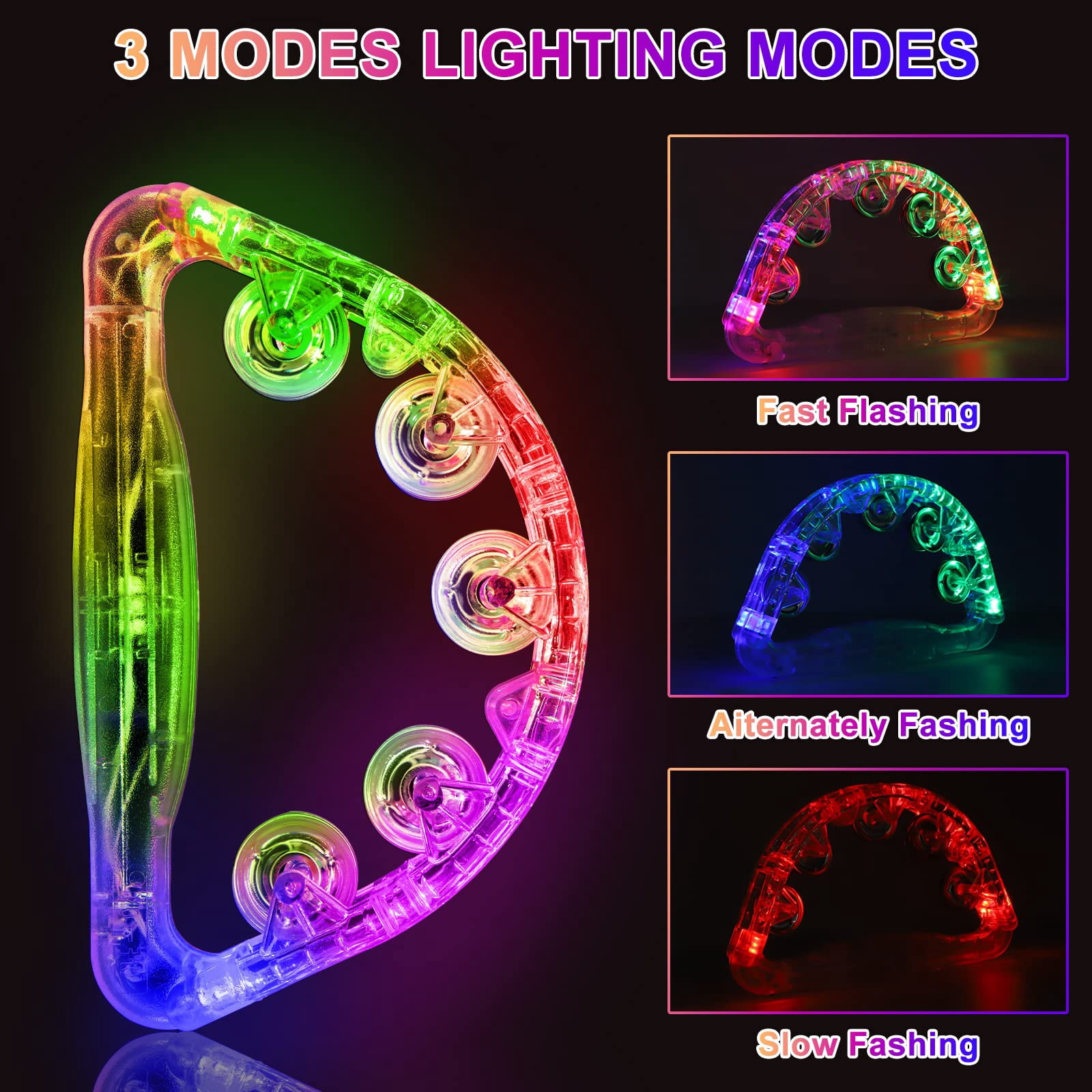 Led Tambourines 2 Pack - Light Up Toys Musical Instruments For Kids & Adults  Autism Sensory Products Birthday Gifts Boys Girls Glow In The Dark Party Supplies (4 Colors Random)
