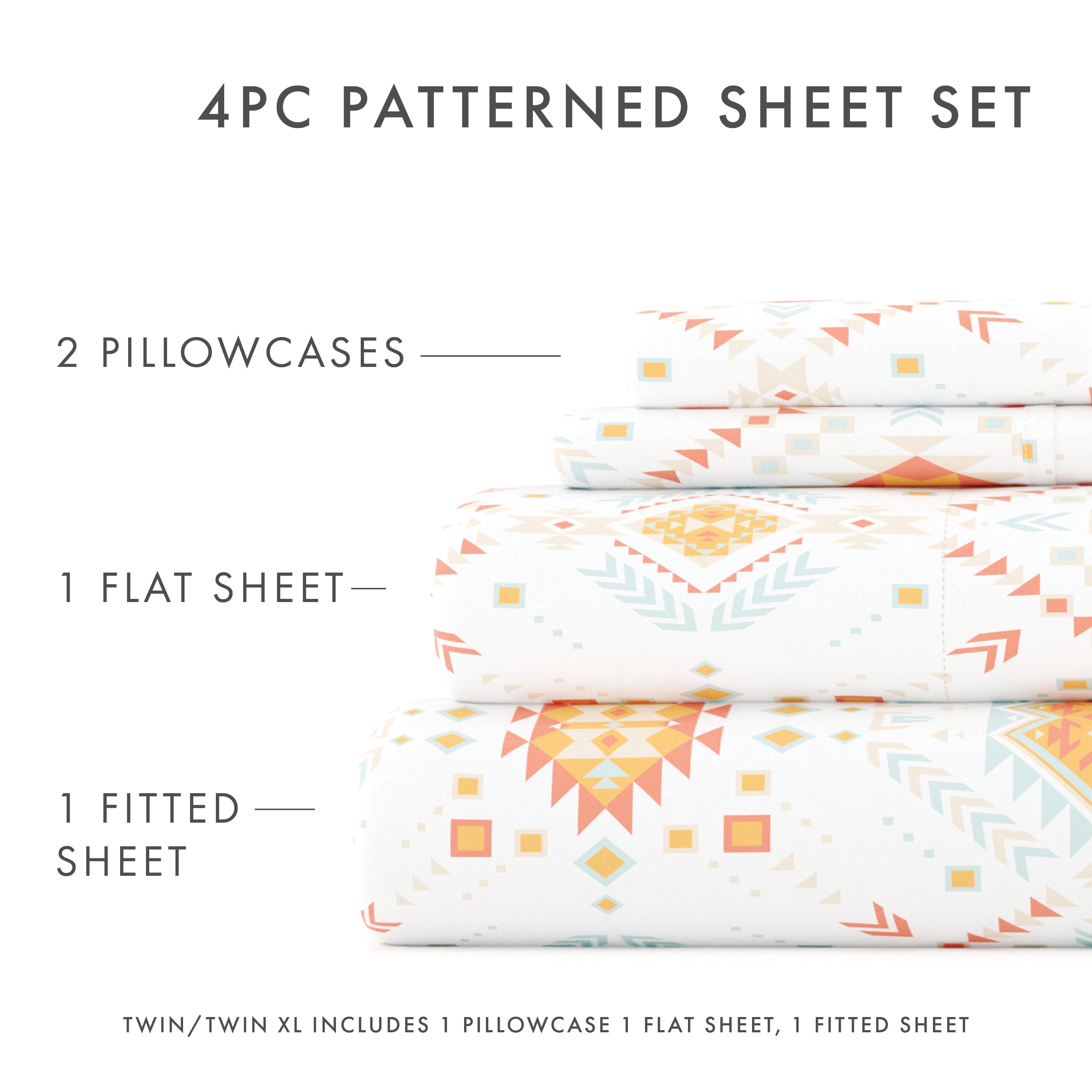 Noble Linens 4 Piece Pattern Microfiber Bed Sheets Set, Coral Aztec Dreams, Queen