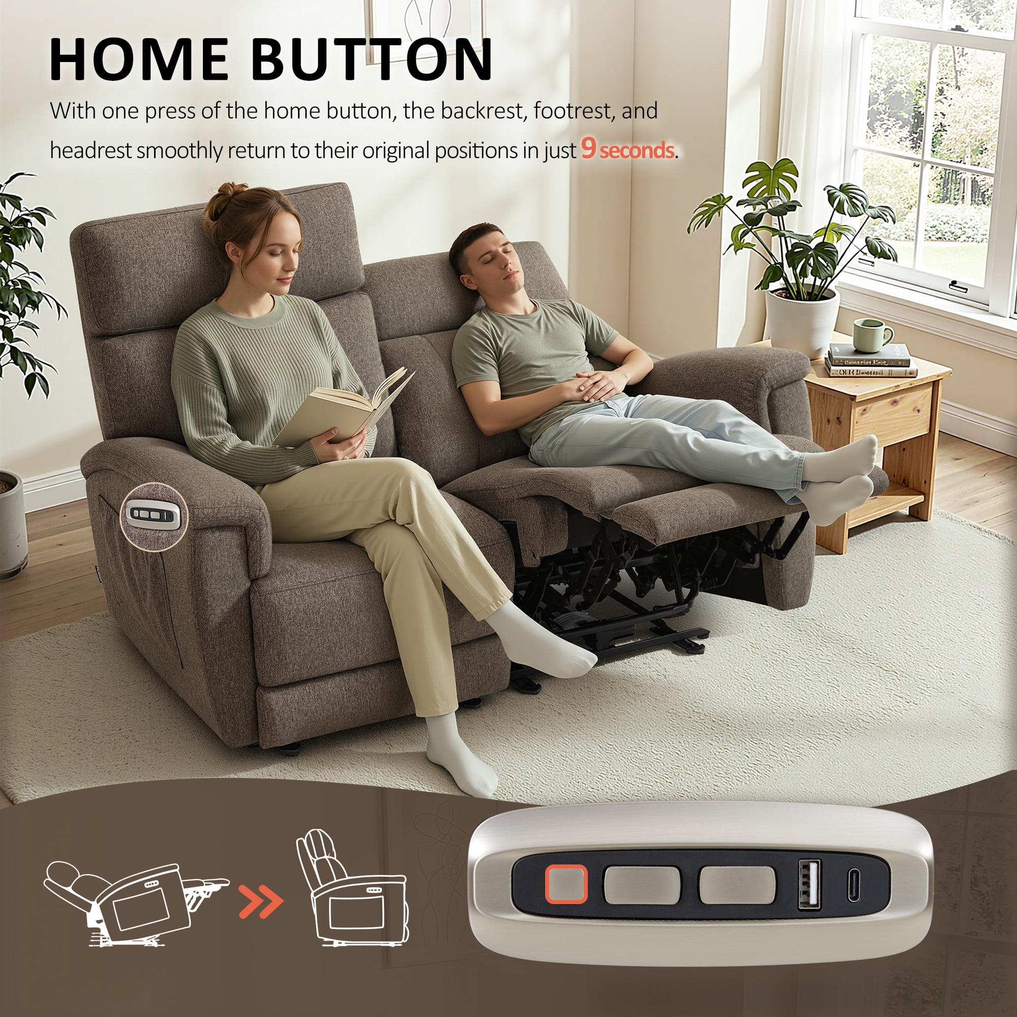 MCombo 60.2" Power Loveseat Recliner Sofa with Massage and Dual Heating, Adjustable Headrest, USB & Type C Port for Living Room, Fabric(Mocha)