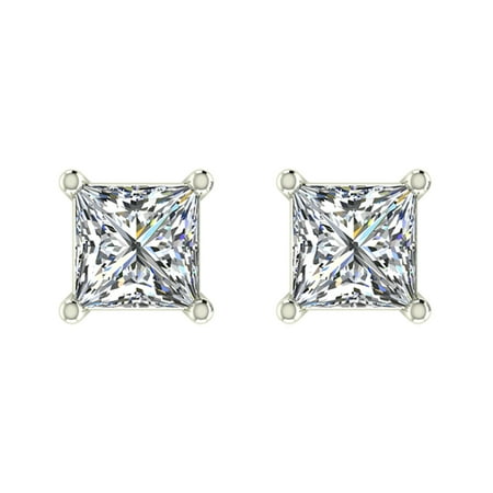 - 1.25 ct tw G VS2 Natural Princess Cut Diamond Stud Earrings 14K White Gold Screw Back