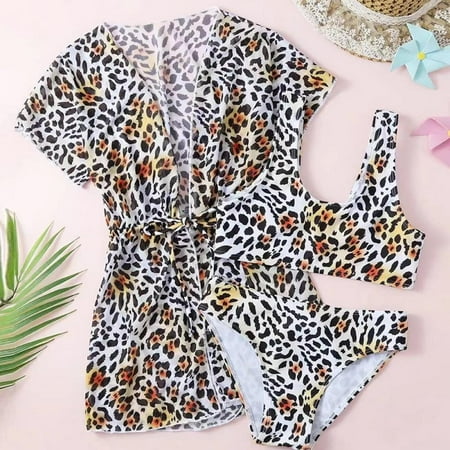 GYRATEDREAM Girl s 3 Piece Bathing Suits Cute Floral Bikini Swimsuit with Cover Up 8-12 Years