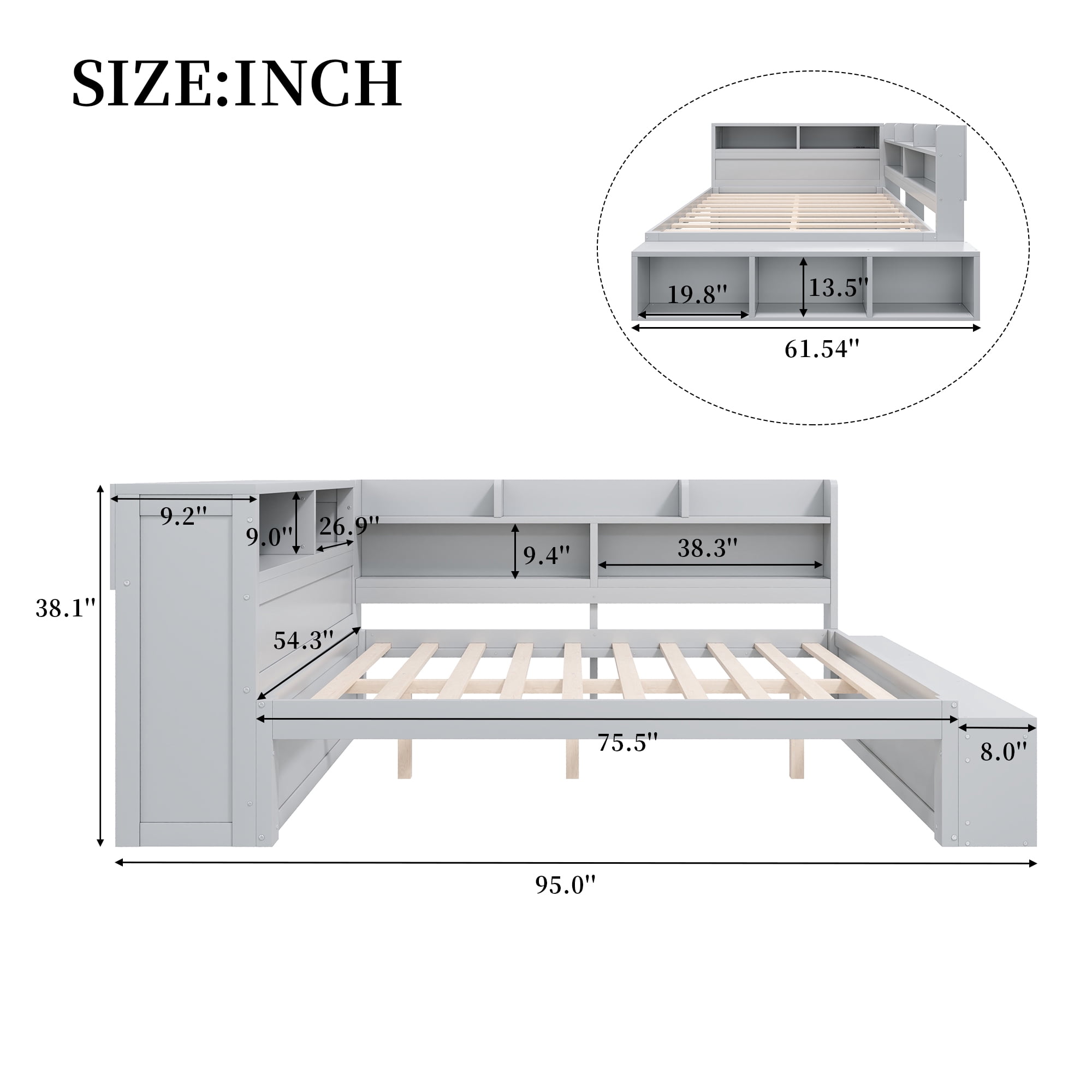 Mintazer Full Size Daybed with Storage Cabinets & Charging Station, Platform Bed Frame with Shoe Rack, Gray