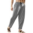 thumbnail image 1 of Pantalones casuales de lino para hombre, color liso, pierna ancha, sueltos, elásticos, con cordón, pantalones recortados para verano, playa, yoga 065-gris XL 065-gris XL Xishao ropa, 1 of 2
