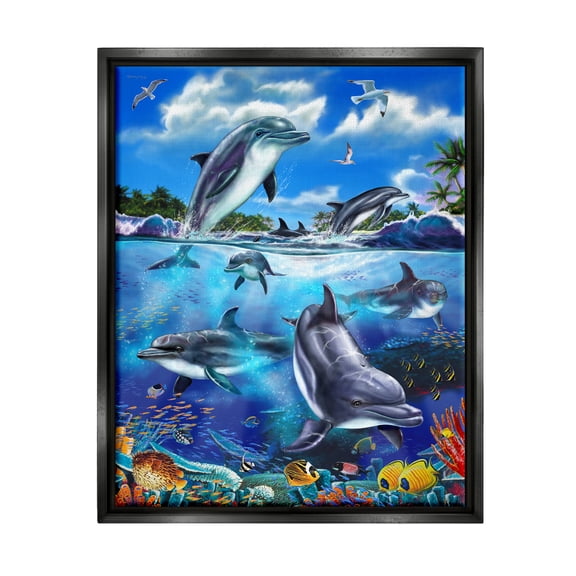 Stupell Industries Underwater Sea Life Scene Coastal Painting Black Floater Framed Art Print Wall Art