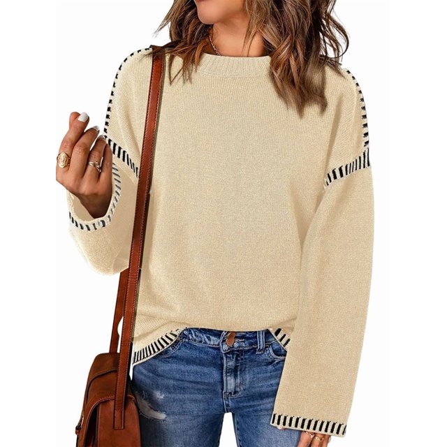 Suéteres para Mujer, Cuello Redondo Liso, Corte Holgado, Larga, Punto en Contraste, Jersey, Tops Albaricoque XL