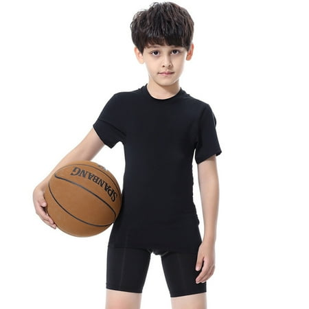 1 or 2 Pack Kids Boy s Compression Shirts Child s Quick Dry Sports Undershirts Athletic Short Sleeve Baseball Undershirt Soccer Sports Base Layer Top All Black 13-14Years 1 Pcs