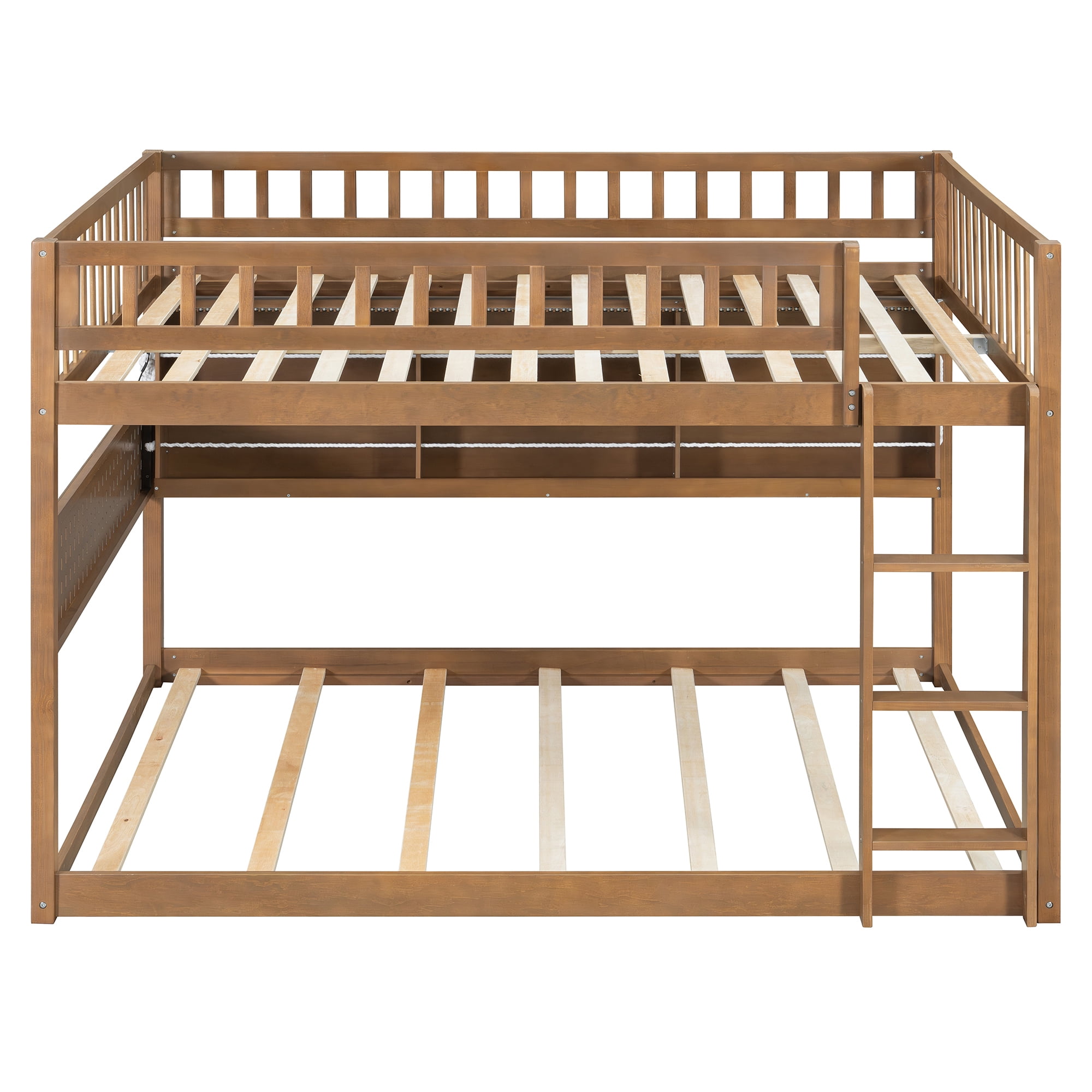 Full over Full Wood Bunk Bed with Integrated Side Storage Shelves and Pegboard, Solid Wood Bunk Bed Frame with Color-Changing Lights and Safety Guardrails for Teens, Adults, Guests