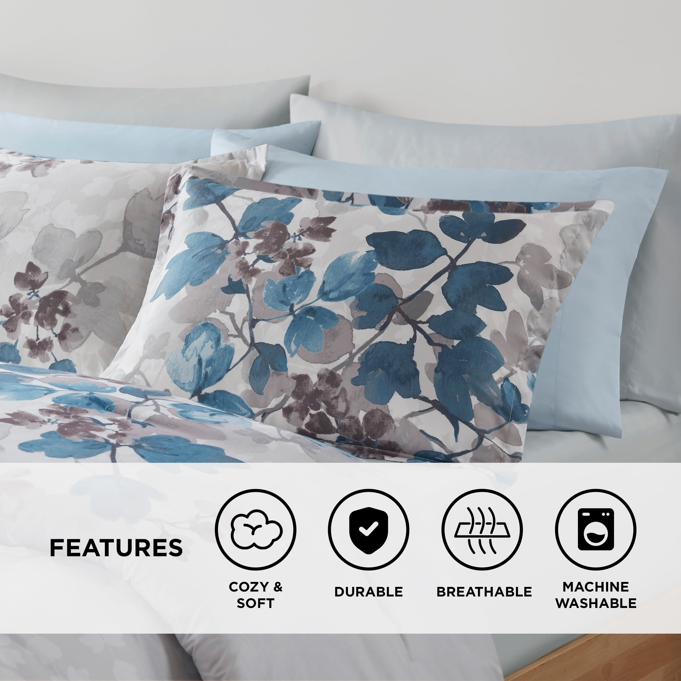 Regency Heights Queen Size Comforter Sets, Blue Bed in a Bag Queen, Botanical Bedding Comforter Set with Bed Sheets and Side Pockets, 9 Pieces