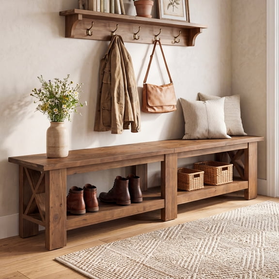 Finmind 71" Farmhouse Solid Wood Entryway Shoe Bench, Extra Long Entryway Bench with Storage for Hallway, End of Bed