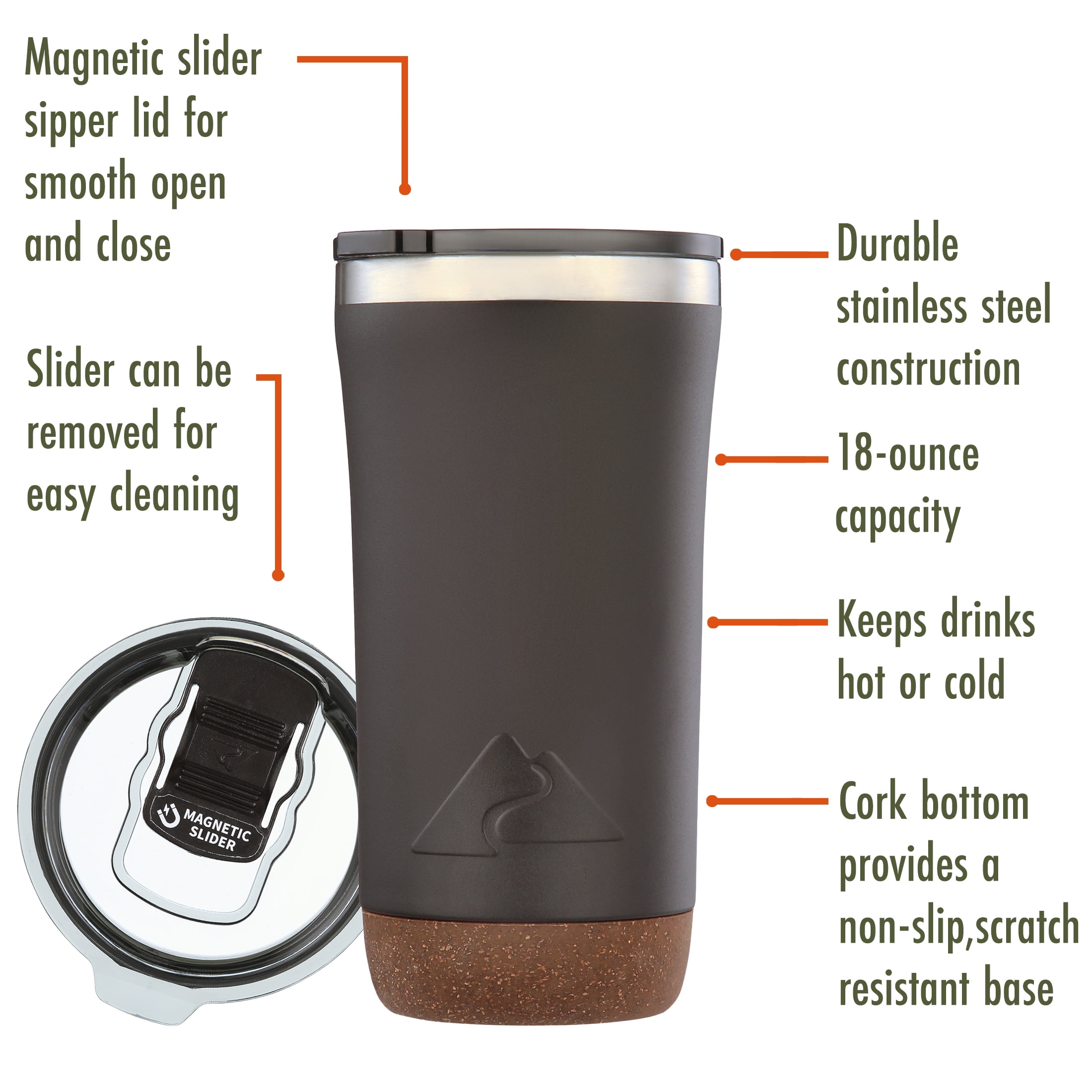 (3 pack) Ozark Trail 18 oz Stainless Steel Insulated Tumbler with Cork Bottom, Black
