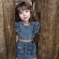 thumbnail image 5 of Rggeeun Toddler Girls Outfit Sets 2 Piece Solid Color Ruffled Short Sleeve Crew Neck Top & Denim Elastic High Waist Shorts & Layered Ruffle Trim Slim Fit For Everyday Use Casual Suit,Blue,5-6 Years, 5 of 6