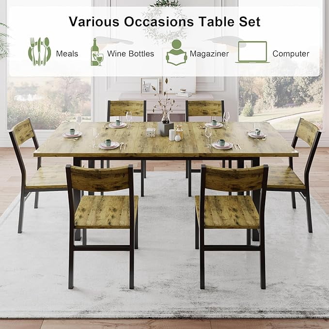 iPormis 63" Extendable Kitchen Table Set for 4-6 People, 7-Piece Large Dining Table Set With 6 Chairs,Mid-Century Modern Dining Room Table,Rustic Brown