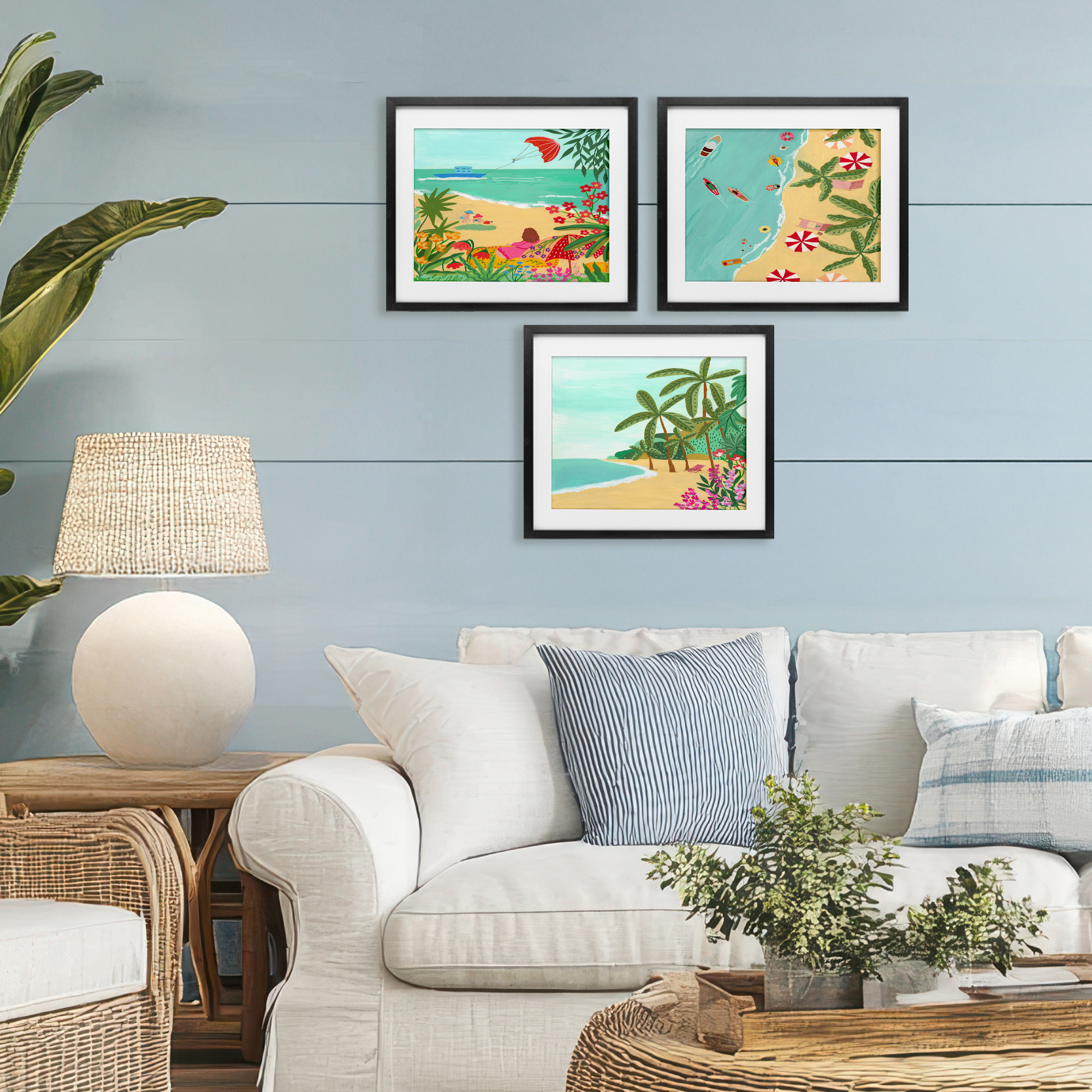 Busy Beach And Flowers 3 Piece Black Framed Print Under Glass Set, design by Nabeela Rumi