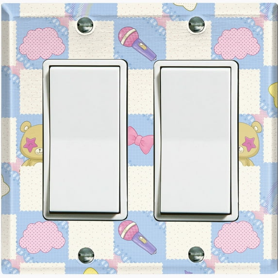 Metal Light Switch Wall Plate Outlet Cover (Blue White Toy Chest Crate Box Star Check Pattern - Double Rocker)