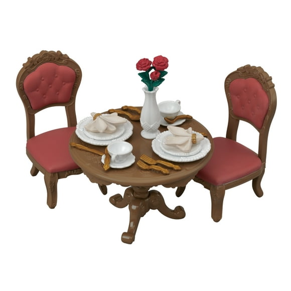 Calico Critters Chic Dining Table Set - Dollhouse Furniture With Table, 2 Chairs, Plates, Teacups & Accessories