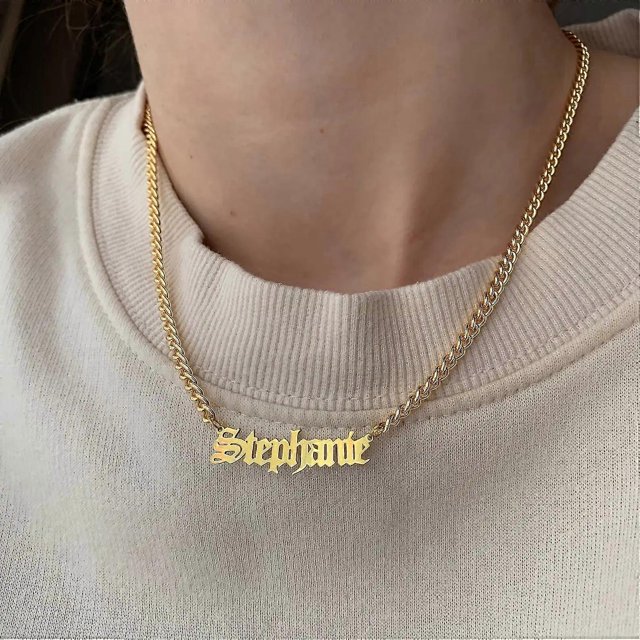 VishowCo Custom Name Necklace Gold Color Stainless Steel Personalized Old English Cuban Chain Nameplate Necklaces For Women Gift-45cm-ROSE GOLD COLOR- 45cm ROSE GOLD COLOR