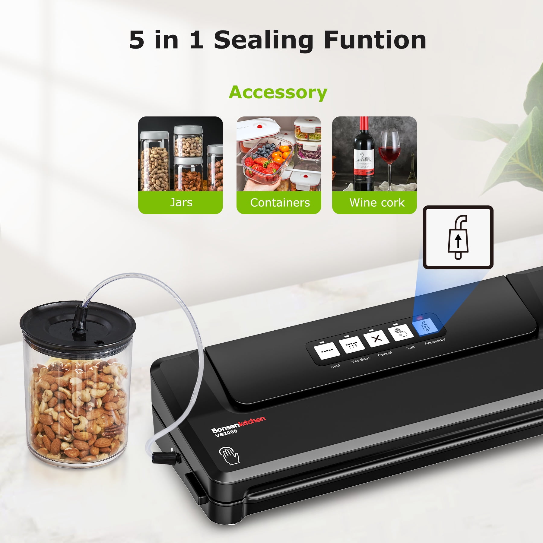 Bonsenkitchen Food Vacuum Sealer Machines, Food Saver Vacuum Packing Machines with 5 bags, Black