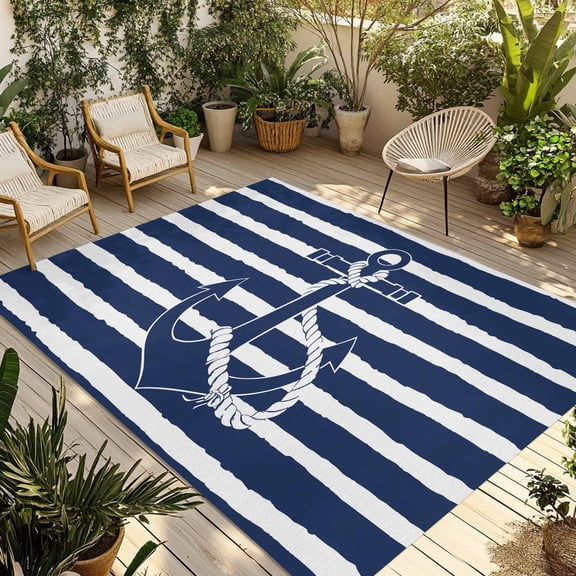 Fsddascl Navy Blue Anchor Outdoor Rug for Patio/Deck/Porch, Non-Slip Large Area Rug 6 x 9 Ft, Nautical White Horizontal Striped Indoor Outdoor Rugs Washable Area Rugs, Reversible Camping Rug Carpet