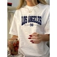 thumbnail image 1 of Camiseta gráfica vintage de Los Ángeles, informal, de manga corta y cuello redondo para mujer, de algodón tejido con estampado geométrico para verano, ideal para el tiempo libre., 1 of 6
