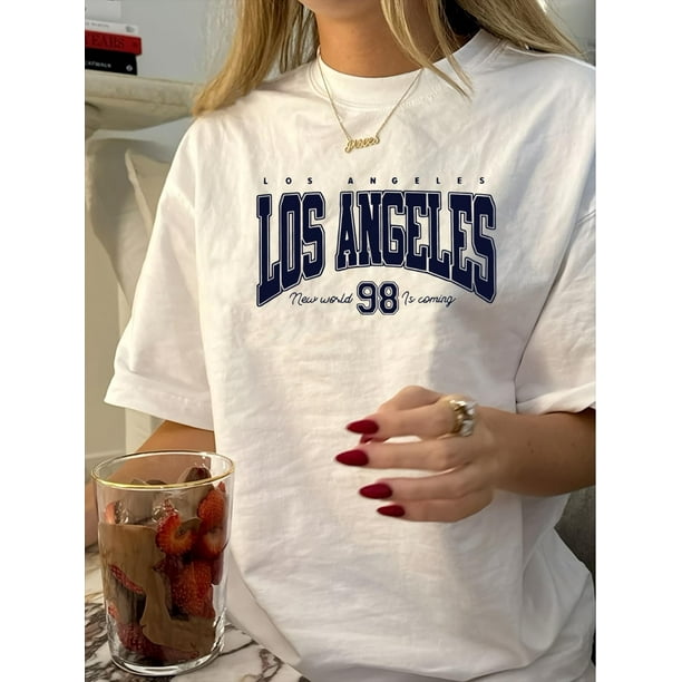 1pc Vintage Los Angeles Graphic Tee, Women'S Casual Crew Neck Short Sleeve T-Shirt, Geometric Pattern Knit Polyester Top for Summer