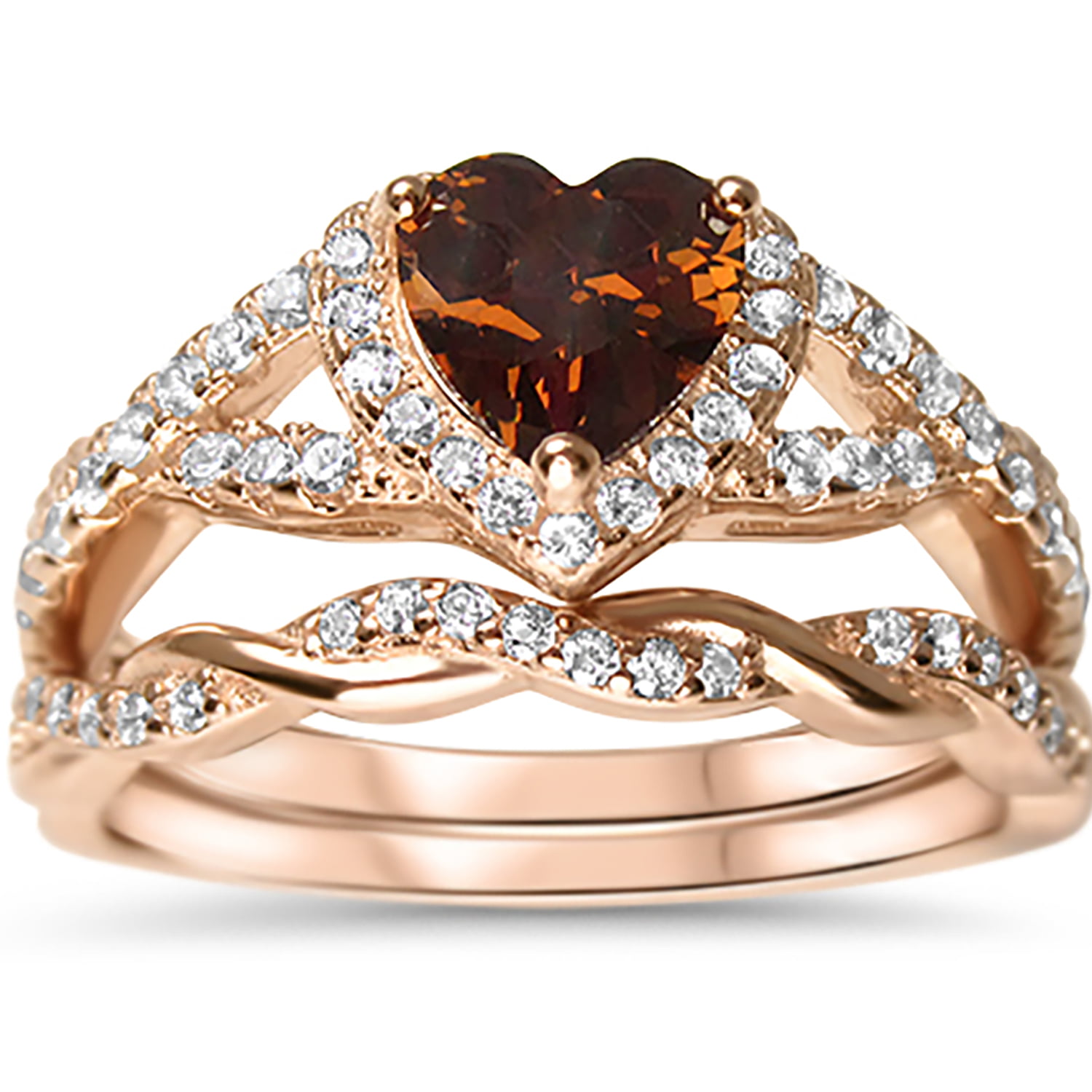 Tri Tone Heart Style Eternity Gold Rose gold and Sterling Silver CZ 3 Ring Set 