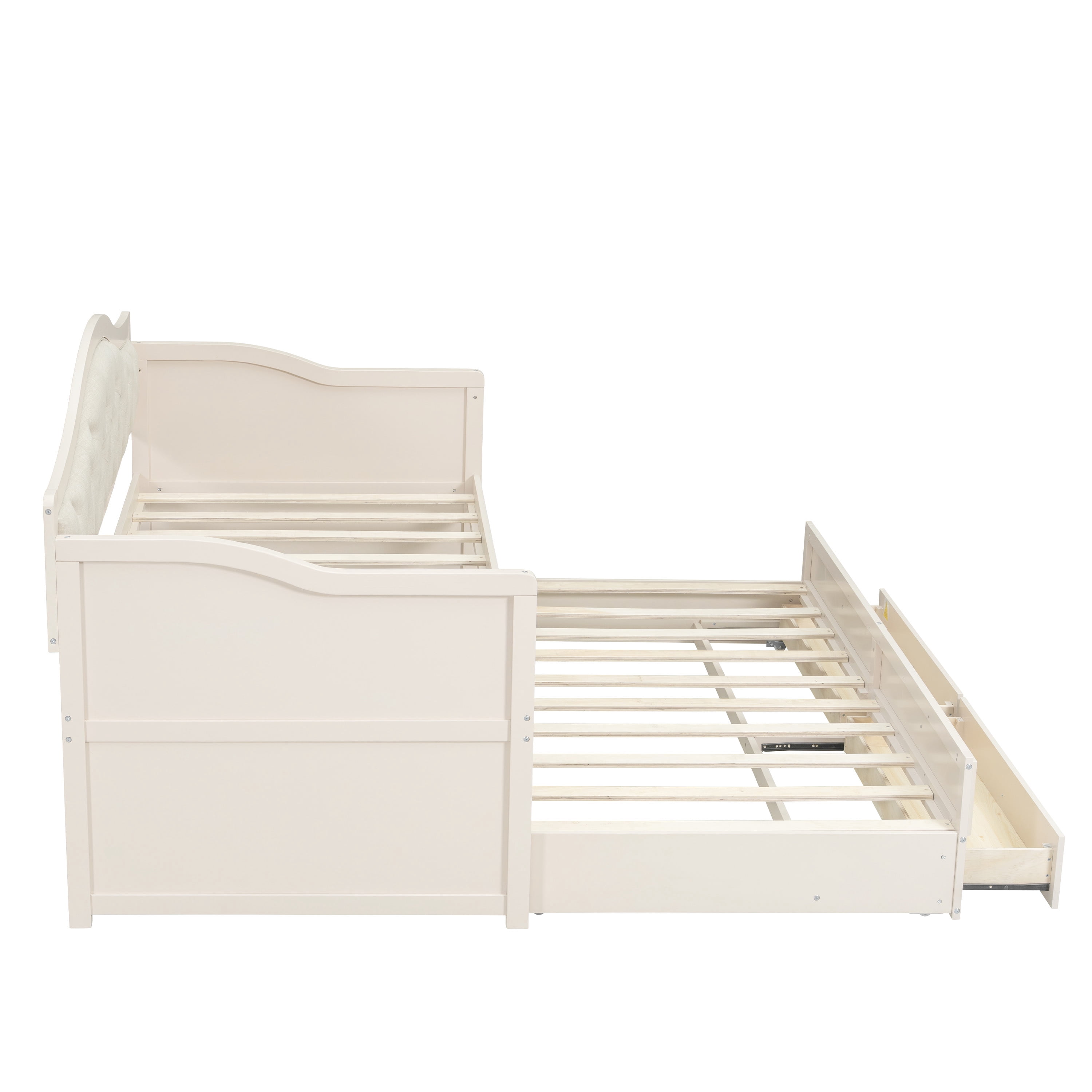 Euroco Wood Twin Size Daybed with Trundle and Drawers, Sofa Bed with Upholstered Backrest, Beige