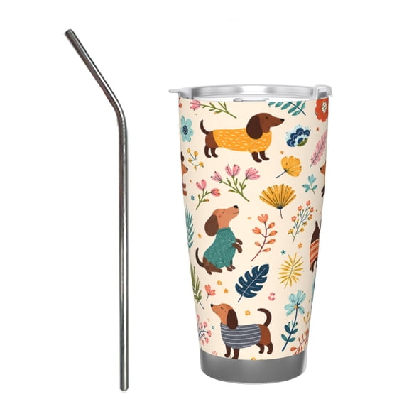 20oz Cute Dachshund Floral Car Tumbler Insulated Travel Cup with Handle and Straw Lid Gift with Stainless Steel Straw