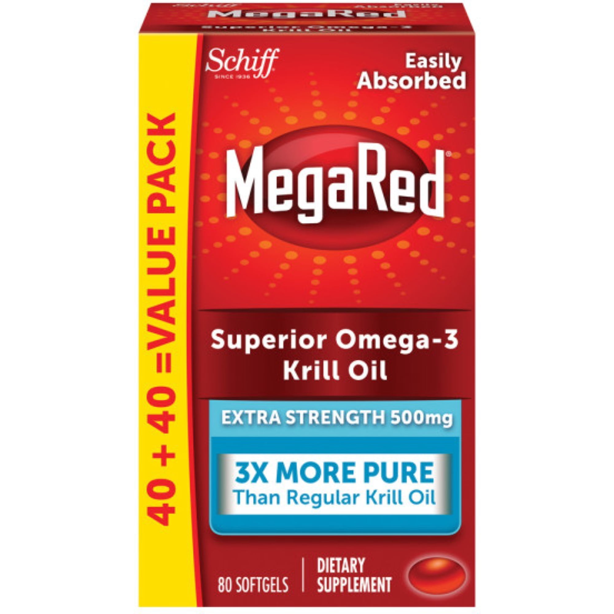 3 Pack - Schiff MegaRed 500mg Extra Strength Omega-3 Krill Oil,80 ea