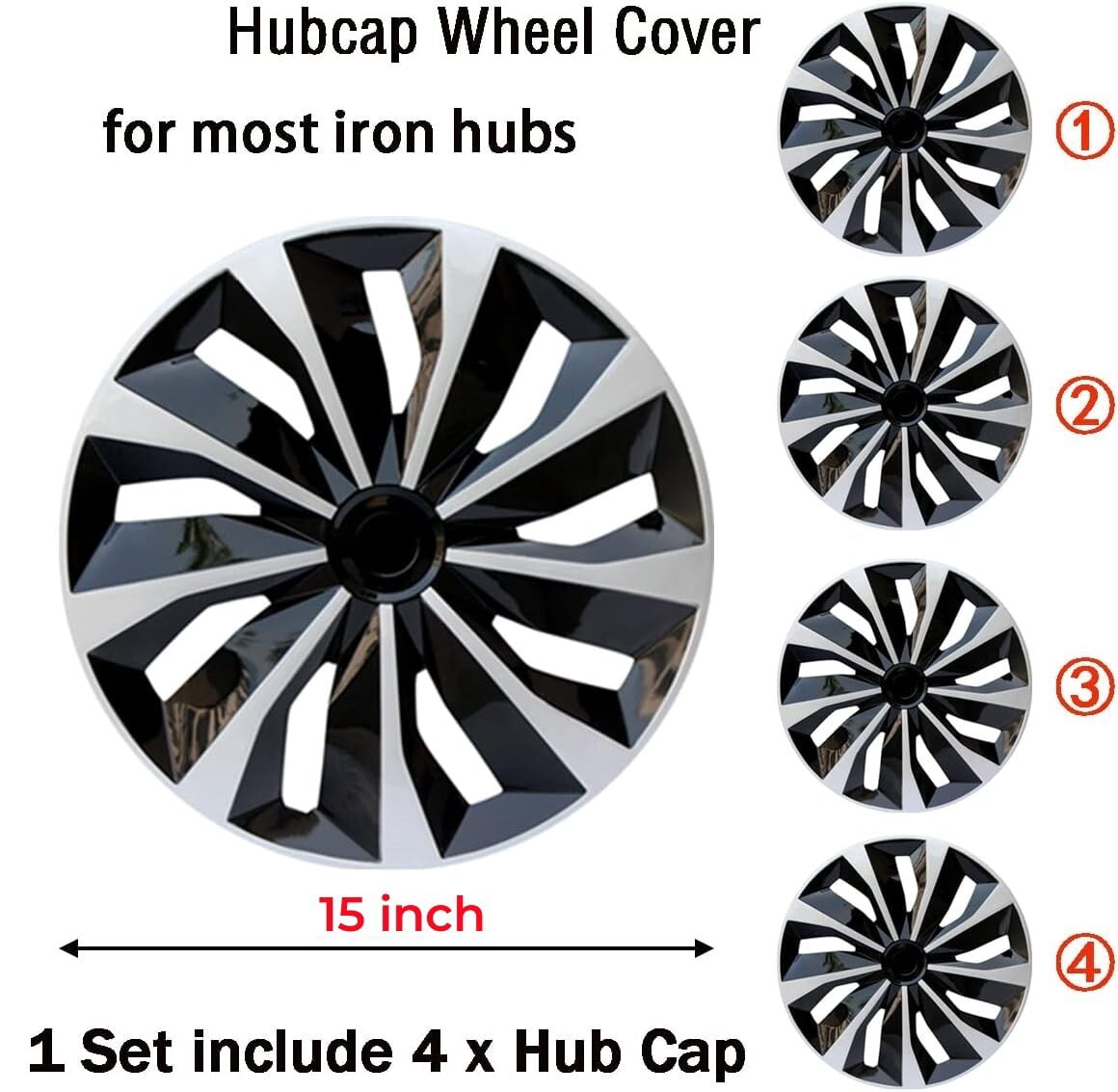 Premium 15" Wheel Covers & Hub Caps ABS Black and Silver, 4 Pack