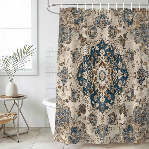 Blue Brown Boho Waterproof Fabric Shower Curtain,Ethnic Vintage Southwestern Geometric Waterproof Fabric Shower Curtain for Bathroom Curtains Bathtubs Shower Curtains with 12 Hooks Standard 72x72