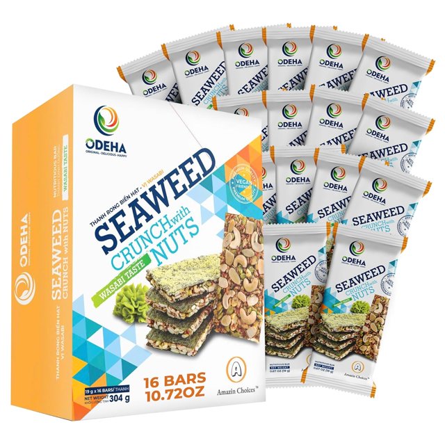 Seaweed Crunch with Nuts Wasabi Taste – Delicious Seaweed Snack Bars with Cashews, Almonds & Pumpkin Seeds – Daily Snack, Sanwich Seaweed, Vegan Snack Viet Packs for Adults - 10.72oz (16 ct