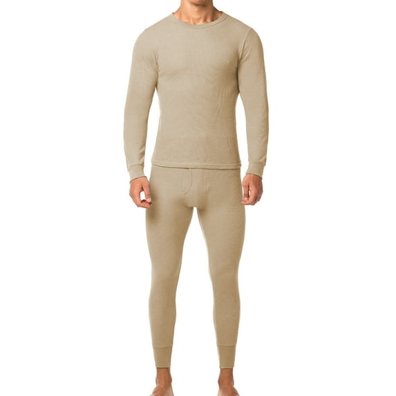 Men's Cotton Blend Waffle Knit Thermal Underwear Stretch Shirt & Pants 2pc Set (Beige, 2XL)