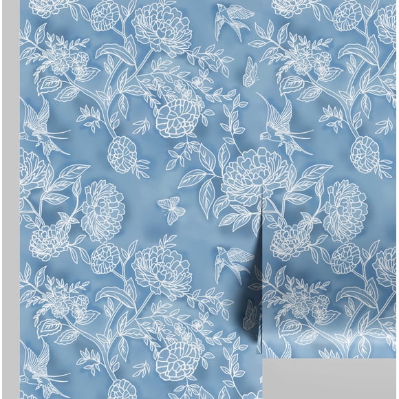 S4Sassy Peel & Stick Vinyl Wallpaper, Chic Outline Floral Wallpaper Contact Paper Waterproof - Blue, 25"x120", Removable Wall Covering for Home Decor in Bedrooms, Renter Spaces, Cabinets
