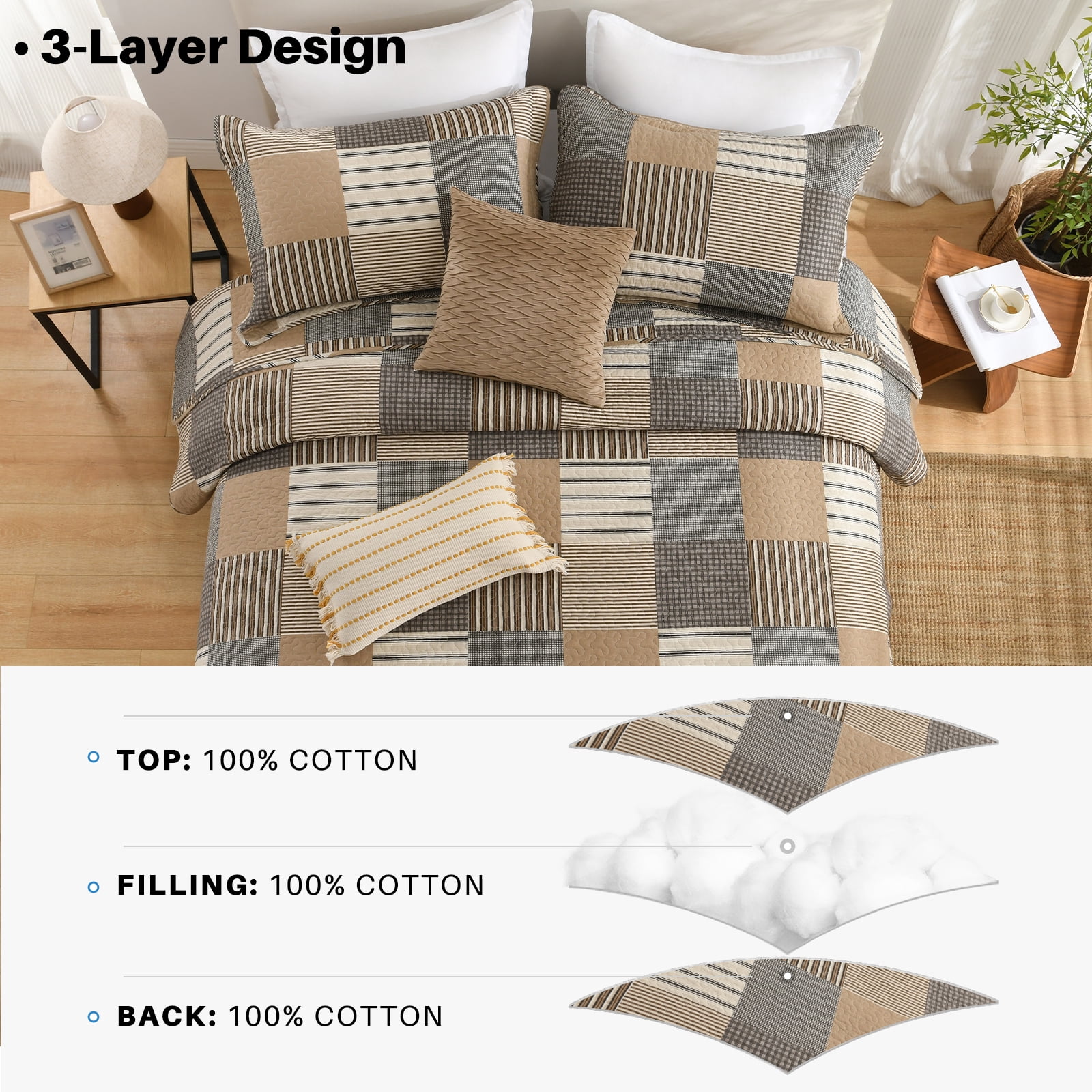 Bedduvit Brown Plaid Queen Size Quilt - 100% Cotton Brown Gray Beige Farmhouse Quilts Bedspread for Queen Bed, Patchwork Cabin Rustic Lightweight Reversible Quilt Set, All-Season 3-Piece Bedding Set